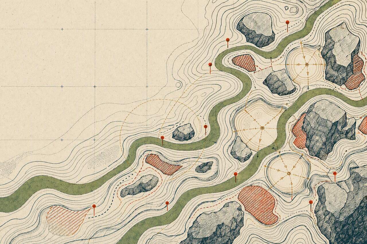 An abstract contour map where green routes curve around red blocked zones toward clear openings